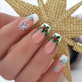 Vopintpy Christmas Press on Nails Long Square Fake Nails White Snowflake French Tip Acrylic Nails Glossy Winter Xmas Glue on Nails Reusable Stick on Nails for Women DIY Manicure Decoration