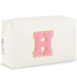 URSKYTOUS - Bolsa de maquillaje con inicial, personalizada, pequeña bolsa de cosméticos de viaje, bonita bolsa de maquillaje de felpilla blanca de poliuretano, para cartera, impermeable, con cierre,
