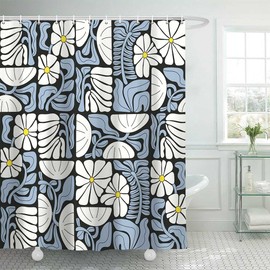 DeeCabin Boho Abstract Colorful Floral Shower Curtain, Vintage Retro Patchwork White Blue Flower Botanical Geometric Aesthetic Groovy Bathroom Decor Shower Curtain Set with 12 Hooks, 70X70IN
