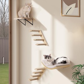 Cat Wall Stairs and Wall Shelves, 4 Piece Wood Cats Furniture Set, Padded Curved Bed with Foam, Flat Shelf & Climbing 4 Steps Stairs for Large Indoor Cats