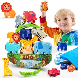 IPOURUP Wooden Animal Blocks Stacking Toy Kids Christmas Birthday Gifts for Boy Girl Age 3-7 Animals Montessori Toddler Toys 3 4 5 6 7 8 Year Old Boys Girls Educational Toys Fine Motor Balance Game