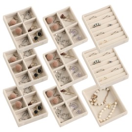 Frebeauty Small Jewellery Tray Set, Stackable Velvet Jewellery Organiser Tray, Mini Jewellery Drawer Organiser, Inch, Earring Organiser for Women Girls (Set 9, Beige)