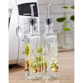CEDAR HOME Olive Oil Bottle Set Glass Dispenser Vinegar Cruet 9oz. with Stainless Steel Leak Proof Pourer Spout for Cooking or Salad, Vegetables
