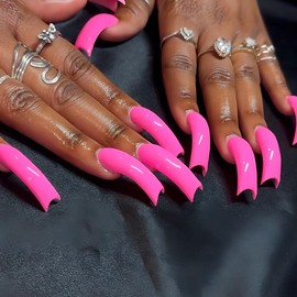 Square Curved Nail Tips Long Press on Nails with Designs Fake Nails Curve False Nails Bright Pink Acrylic Nails Glossy Glue on Nails Artificial Stick on Nails for Women 20Pcs