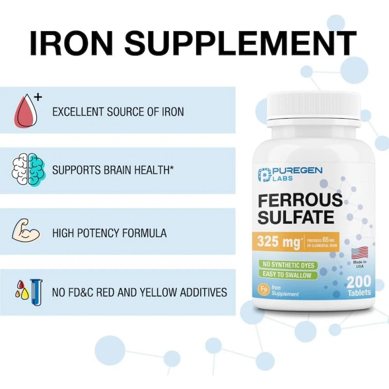 Puregen Ferrous Sulfate 325 mg 65 mg Elemental Iron High