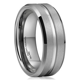 King Will Tungsten Carbide Wedding Band Ring for Men -8mm Men Rings in Sliver Matte Finish, Grooved Center Wedding Band Suitable For Every Day Wear Comfort Fit Size 10