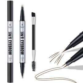 Curved Eyebrow Pen, 2 in 1 Dual Ended Microblading Eyebrow Pencil with Micro-Fork-Tip and Precise Brush-TipLast All Day (Brown)