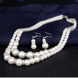 tenghong2021 Fashion Classic Faux Pearl Red Carnelian Jewelry Set Necklace Bracelet Earrings for Women Best Gift for Birthday Valentine's Day Christmas New Year-Double Layered