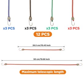 12 Pack Small Bungee Cords with Hooks 10 Inch Multicolor Rubber Bungee Straps Mini Adjustable Short Elastic Bungees Cord for Bicycle Roof Rack Hang Outdoor Tent Car RV Camping Tool Cargo Accessory