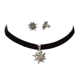 Jewellery Set Costume Necklace Velvet & Edelweiss Stud Earrings – Women's Velvet Choker and Earrings Choker Elastic and Costume Earrings for Costume Blouse, Dirndl Necklace Tight Fit, Oktoberfest