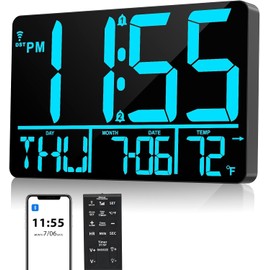 tawiliysy 13" Bluetooth Auto Sync Wall Clock - Large Digital Alarm Clock with Remote, 25 Ringtones, Dual Alarm, Adjustable Brightness, 12/24H, Auto DST, for Living Room, Kitchen, Office, Elderly（Blue）