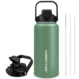 BOVTON Insulated Water Bottle 64oz, Stainless Steel Double Walled Thermal Tumbler with 2-in-1 Lid (Straw & Chug Cap), Wide Mouth Leakproof for Hot/Cold Beverages