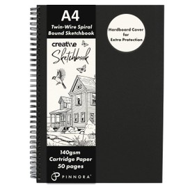 Pinnora Creative A4 Sketchbook, Wire Spiral Bound Sketch Book with 50 Pages of Mixed Media Cartridge Paper 140gsm, Sketchbook A4, Black Board Drawing Pad Cover, Sketch Pad, Sketch Book for All Ages