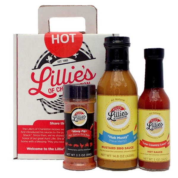 Lillie's of Charleston 3 ct. Hot Variety Gift Box | Low Country Loco Hot Sauce, Hab Mussy Mustard BBQ Sauce, Hissy Fit All Purpose Seasoning Blend | 7" x 8.25" x 3.5" Gift box with handle