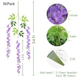 BLEUM CADE 36Pcs Purple Fake Wisteria Hanging Flowers, 3.6Ft/Pcs Artificial Wisteria Garland, Hanging Flowers for Wedding Party Home Backdrop Wall Decoration