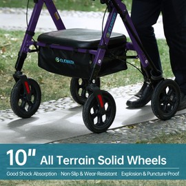 ELENKER All Terrain Heavy Duty Rollator Walker with Extra Wide Seat, Aluminum Bariatric Rolling Walker, 10” Wheels, Foldable Frame, Support up to 500lbs for Seniors, Purple