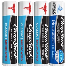 ChapStick Paquete de alivio del dolor de labios secos y herpes labial, paquete de 3 medicamentos clásicos + bálsamo labial hidratante original con SPF 15, 0.15 onzas Ea (juego de 4 piezas)