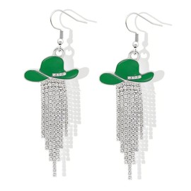 Western Cowgirl Cowboy Hat Earrings for Women Enamel Hat Sparkly Rhinestone Tassel Dangle Earrings Prom Country Concerts Rodeo Outfits Trendy Jewelry Gifts-Green