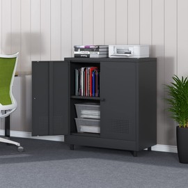 JINKUR Metal Storage Cabinet with 2 Doors and Adjustable Shelf, Steel Accent Sideboard Buffet Cabinet for Home, Office, Garage, Entryway, Living Room, Kitchen Pantry and Dining Room (Black)