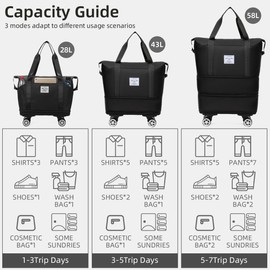 Duffel Bag with Wheels Rolling Duffle Bag Foldable Travel Bag Expandable Carry on Luggage Bag Large Tote Weekender Bags Black
