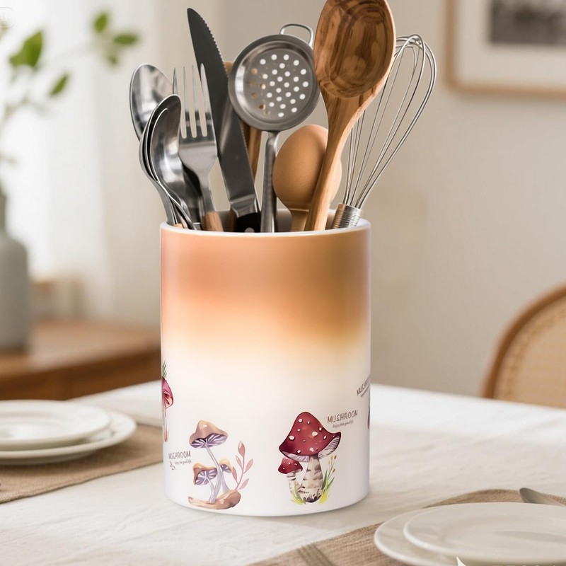Craftmastudio Mushroom Kitchen Utensil Holder，Ceramic Utensil Holder for Counter, Large