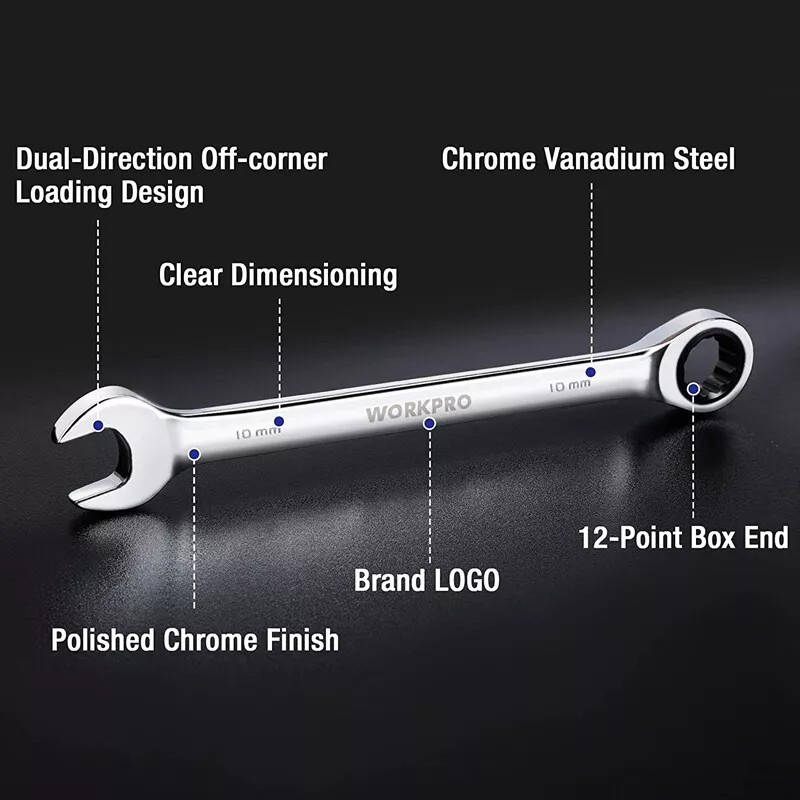 Workpro 8mm-17mm Ratcheting Combination Wrench Set 7PC Combo Wrench Metric