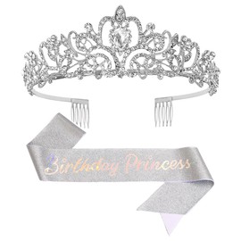 Papoopy Birthday Tiara and Crown with Sash for Women, Hair Accessories for Wedding Party Costume (C- Silver)