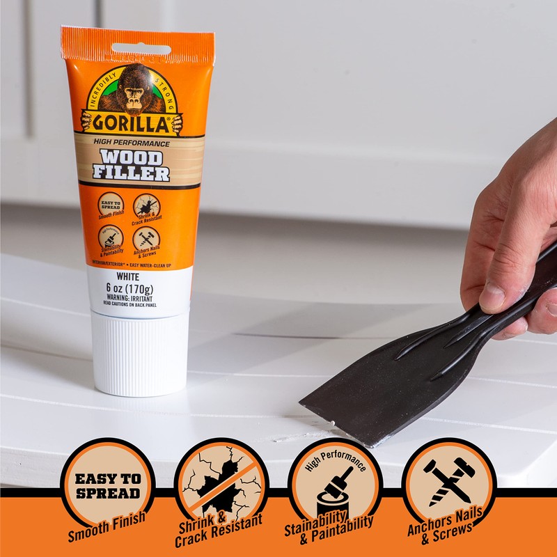 Gorilla All Purpose Wood Filler, 6oz Tube, White (Pack of