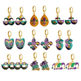 Dreuyet 9 Pairs Mardi Gras Earrings Hoops Glitter Fleur De Lis Feather Mask Crown Jester Hat Dangling Hoop Earrings Carnival Earrings Set Fat Tuesday Jewelry Accessories (9 Pairs Mardi Gras Earrings)