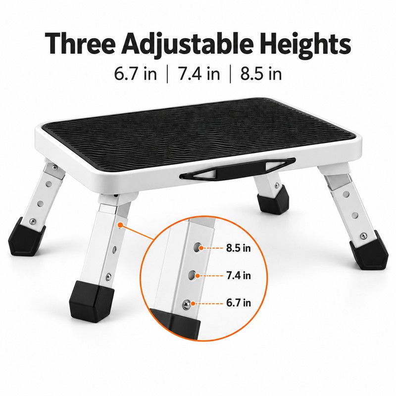 Adjustable 1-Step Stool for Reaching Shelves - Foldable Non-Slip Platform,