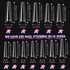 Dokpav 240 unidades Uñas postizas largas y afiladas, 12 tamaños uñas postizas con estuche para salón de uñas, transparentes, cobertura completa, 1 caja de 240 unidades