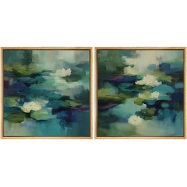 SIGNFORD Framed Canvas Print Wall Art Set Water Lily Pond Impressionist Floral Water Scene Illustrations Modern Art Minimal Relax/Calm for Living Room, Bedroom, Office - 16"x16"x2 Natural