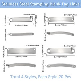 Beebeecraft 80Pcs 4 Size Stamping Blank Tags Stainless Steel Metal Links for Engraving 25~30mm Oval Curved Rectangle Links with 2 Holes Jewelry Connectors for Bracelet Necklace Dog Tags Making