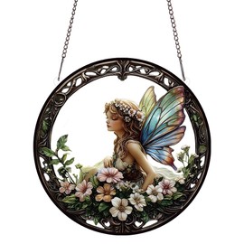 PLIGREAT Flower Fairy Acrylic Suncatcher, Nature Floral Window Wall Hanging Ornament Painted Colorful Art Crafts Suncatcher for Garden Home Outdoor Hanging Decor Women Gift