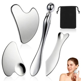 Kit de 4 Piezas Gua Sha Facial, Herramienta de Masaje de Acero Inoxidable Guasha, Lifting y Contorno Facial, Relajación Muscular y Belleza