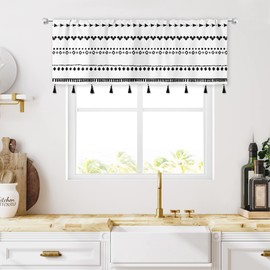MESHELLY Boho Valances, Black and White Kitchen Curtains, 52Wx18H Inch Rod Pocket Bohemian Topper Decor Minimalist Tribal Striped Geometric Art Printed Small Living Room Window Drapes Fabric 1 Panel