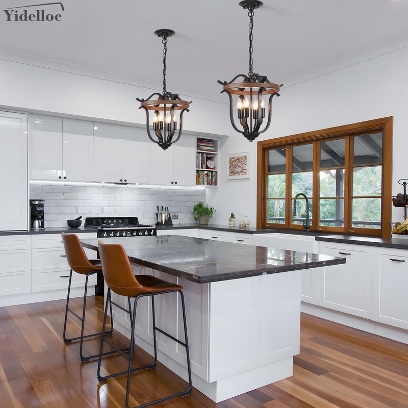 Yidelloc Black Farmhouse Chandelier 4 Lights, Vintage Cage Chandeliers E12