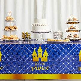 3 Pack Castle Themed Plastic Table Covers, Royal Prince Baby Shower Decorations for Boys, Birthday Tablecloths (54 x 108 in)