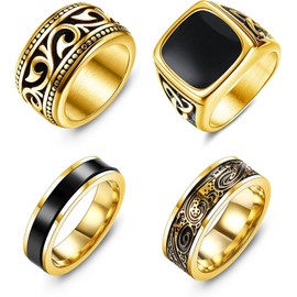 Adramata 4Pcs Stainless Steel Signet Rings for Men Vintage Biker Rings Set Silver Spinner Ring Gold Band Pinky Thumb Rings Men's Ring for Dad Father Jewelry Gift