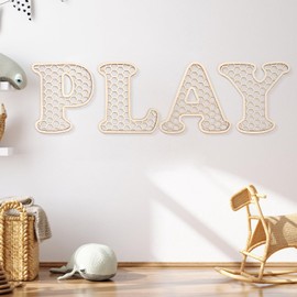 Play Sign - 12 In Wooden Rattan Letters Playroom Sign, Playroom Wall Decor for Toddler Girls Boys, Play Room Wall Decor for Kids Playroom Nursery Room Decorations