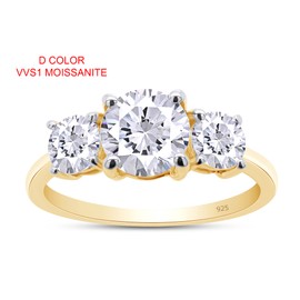 SAVEARTH DIAMONDS 1.6 Carats Round Lab Created Moissanite Diamond Three Stone Promise Ring for Women 18K Yellow Gold Plated 925 Sterling Silver with Certificate of Authenticity Size-7