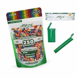 PURIZE Xtra Slim Size 6 mm (5.9 mm) Activated Carbon Filters with 2 Ceramic Caps Including Joint Tube, Pop-up Containers, Papers and 1/5 Stickers (Rainbow) Pack of 250