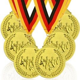 GOLDGE Pack of 6 Bowling Medals Children's Birthday Made of Zinc Alloy 50 mm, Bowling Party Bag with Three-Colour Nylon Band and Bowling Bowling Logo for Children as Boys Children Gift Bowling Party