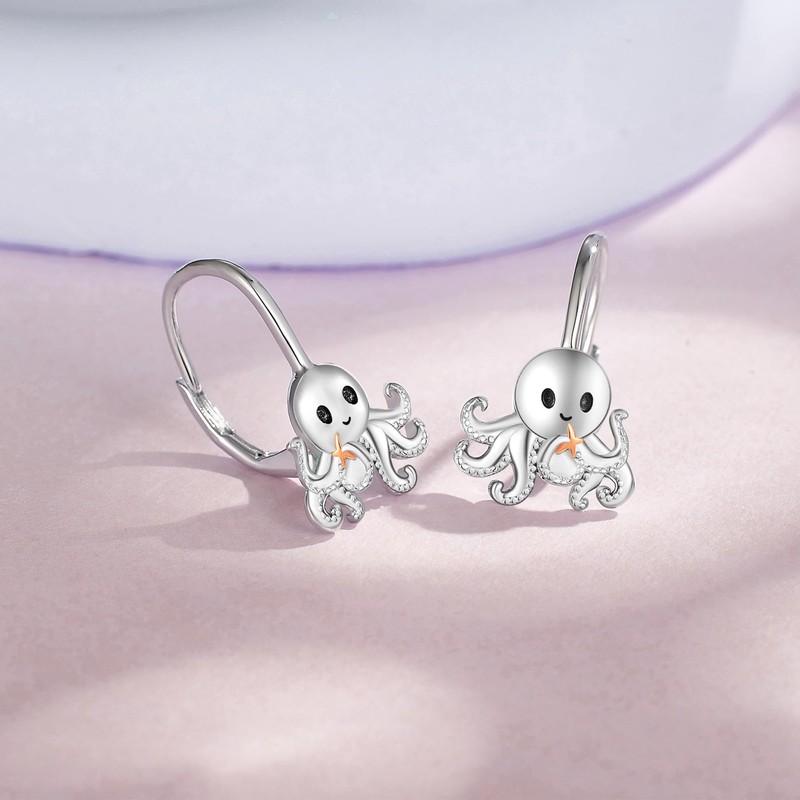Octopus Earrings Sterling Silver Octopus Leverback Earrings Octopus Jewelry for