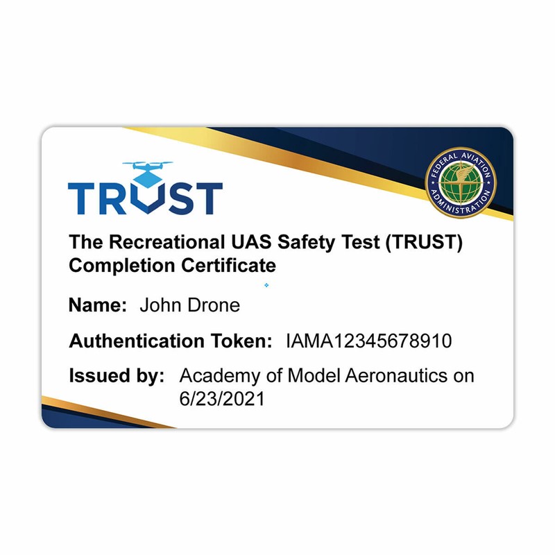 ReclaimDrone.com TRUST - Recreational UAS Safety Test Completion Certificate card