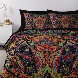 Nesker 7 Pcs Comforter Set King Size, Paisley Boho Plant Bedding Set for Kids and Adults, Bohemian Retro Floral Bed Sheet Sets with Fitted Sheet 2 Pillowcases & 2 Shams