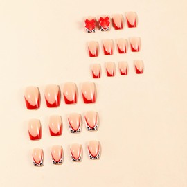 MERVF Square Press on Nails Medium Fake Nails Red French Tip Glue on Nails Leopard French Press ons with 3D Bow Design Cheetah Squoval Acrylic Nails Glossy 24pcs