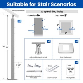 Muzata Stair Cable Railing Post 36 Inch for 25-35 Degrees Stair 36"x2"x2" Surface Mount Brushed T304 Stainless Steel Cable Railing System Kit Indoor Outdoor with Paper User Guide PS01 LA4S