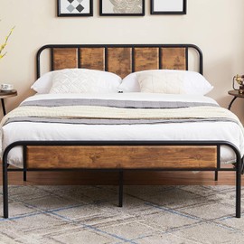 VECELO Queen Size Platform Bed Frame with Wood Headboard & Footboard, Heavy Duty Steel Mattress Foundation with Slat Support, No Box Spring Needed,Brown