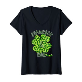 Womens Shamrock & Roll Green Leopard Print Clover Vintage V-Neck T-Shirt